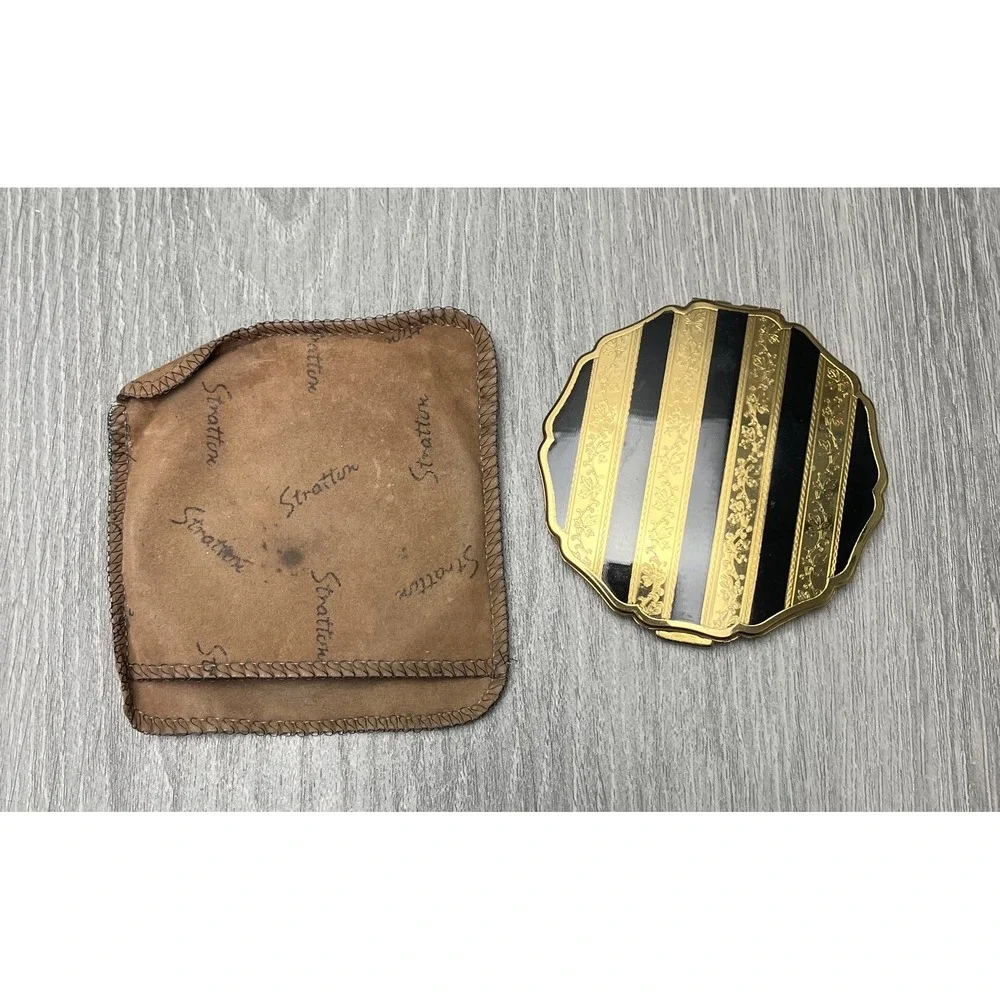 Vintage Stratton Compact Gold Black Stripe Enamel‎ Powder Mirror England w/Bag